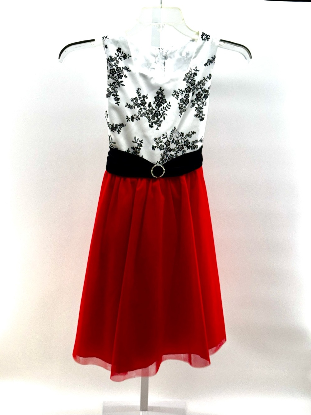 Elegant Red and White Floral Girls' Formal Dress with Black Waistband